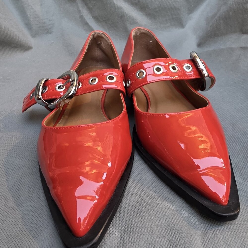 MAEVE Patent Leather Cherry Red Moto Pointed Toe Mary Jane Flats Shoes Sz 36 5.5 - Picture 9 of 9